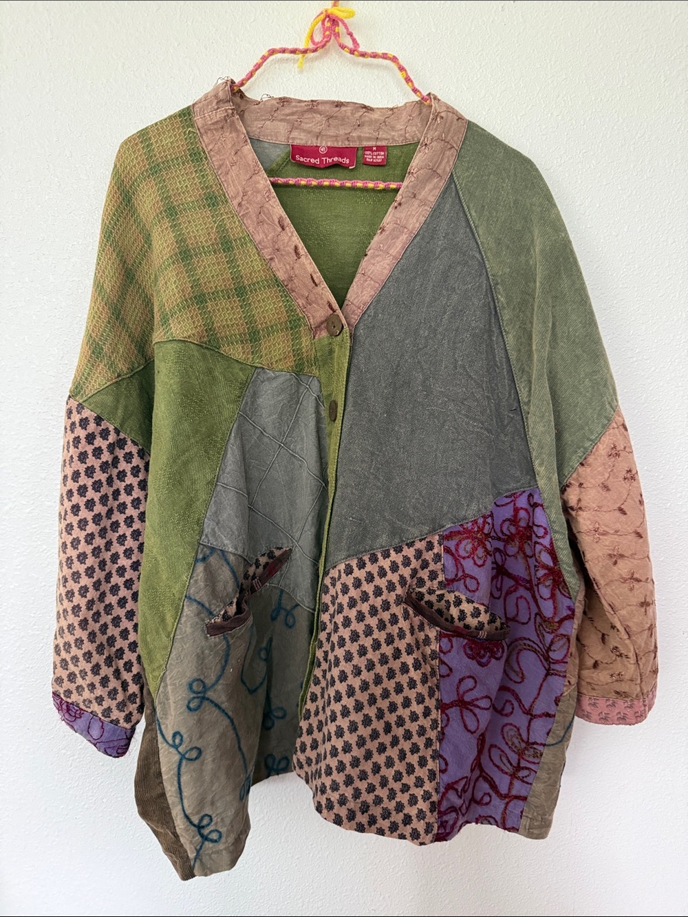 GUC - Sacred Threads Patchwork Button Cardigan - Olive, Mauve & Lavender (1-06)